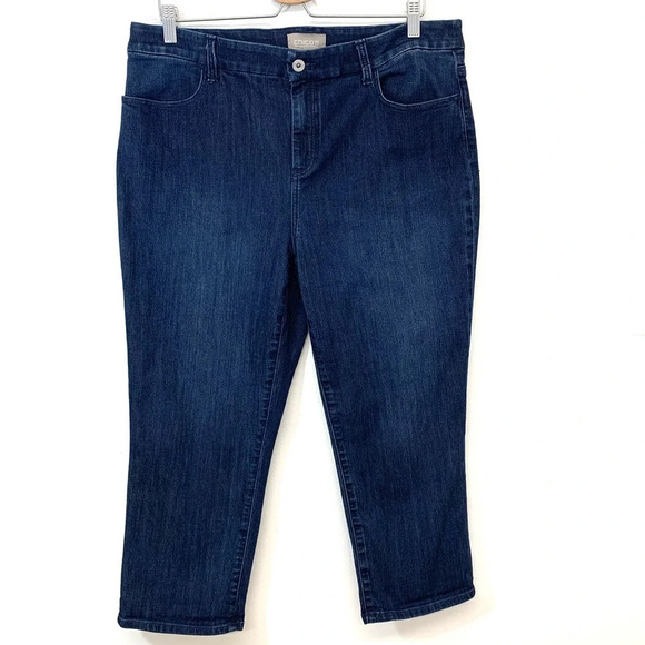 Chicos 2 Jean Capri Woman Large /12 Blue Pockets Front Zip Stretch Casual Travel - Picture 1 of 10